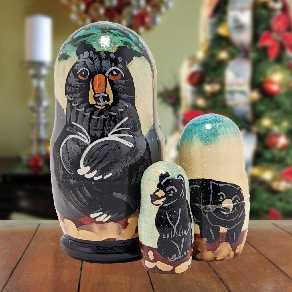 Black Bear Matreshka Nesting Hand-Painted Doll Set of 3 by G. DeBrekht - Wildlife Holiday Decor - 14767