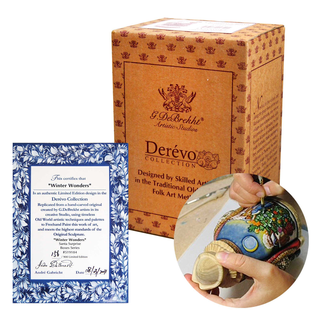 a Derevo Collection box, a blue and white certificate, and a person's hands working on a wooden object, likely a figurine or sculpture.