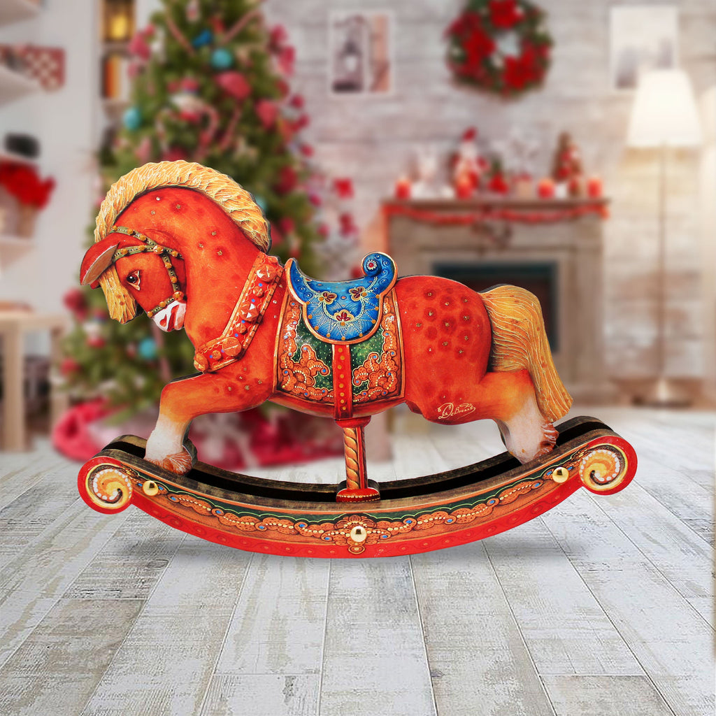 Rocking Horse Decorated Centerpiece Wooden Figurine by G DeBrekht - Christmas Santa and Snowman Decor - 89311