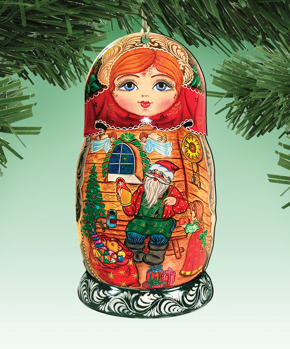 A colorful ornament featuring a doll with a red headdress and a Santa Claus figure, set against a Christmas tree and other holiday-themed elements.
