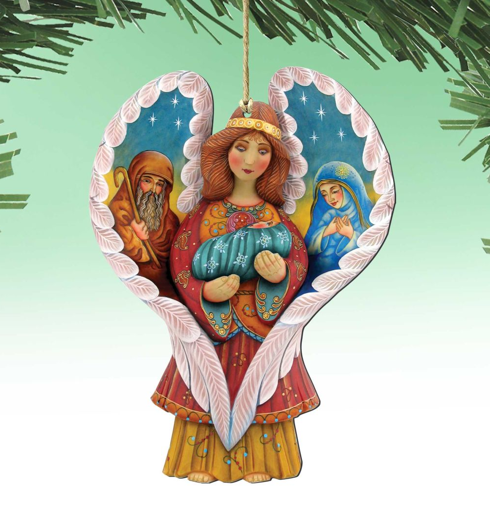 A colorful, hand-painted ornament depicting an angel with wings, holding a baby and a man, against a green background.