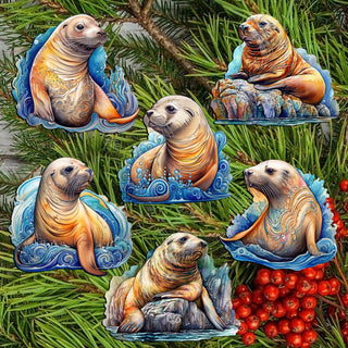 Coastal Sea Lions Clip-On Eco Wood Decorative Ornaments Set of 6 by G. Debrekht - Wildlife Decor - 8090127C-S6