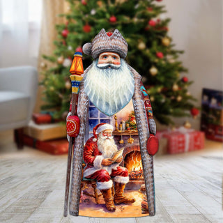 Fireside Magic List Santa Hand-Painted WOODCARVED Masterpiece by G. DeBrekht - Christmas Santa Snowman Decor - 210236SE