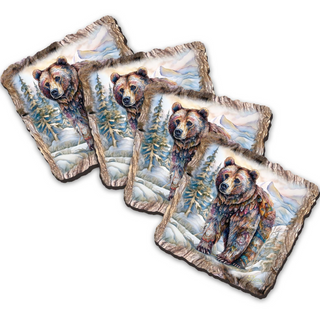 A collage of three square images depicting a brown bear in various poses and settings, including a snowy forest landscape.