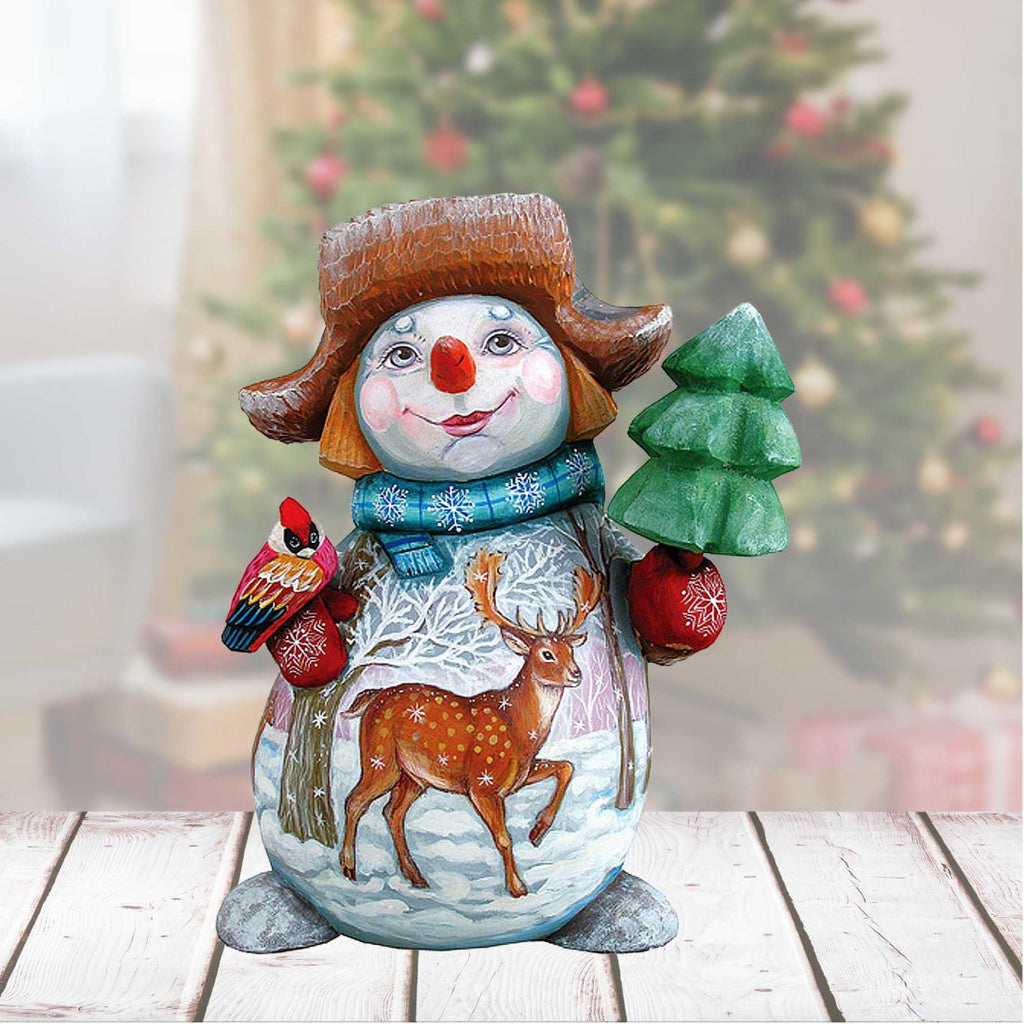 Reindeer Snowman and Broom Hand-Painted WOODCARVED Figurine by G. DeBrekht - Wildlife Holiday Decor - 8215882 *** PRE-ORDER - Handmade Just for You! ***