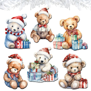 Christmas Teddy Bear Clip-On Eco Wood Decorative Ornaments Set of 6 by G. Debrekht - Christmas Decor - 8090011C-S6