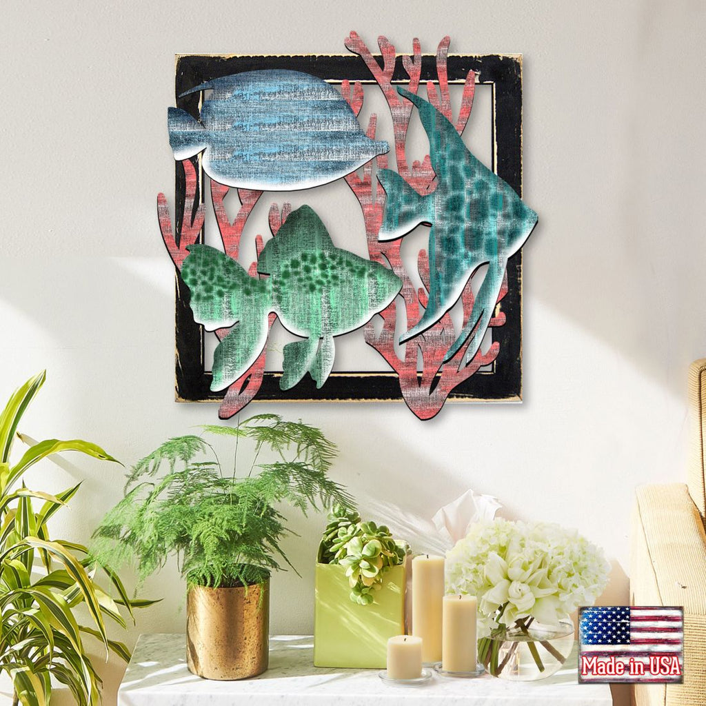 Colorful Fish Rustic Wooden Wall Decor by G. DeBrekht - Coastal Sea-Life Decor - G98537S3