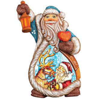 A colorful, hand-painted Christmas ornament depicting Santa Claus holding a lantern and a heart, with a reindeer and snowflakes in the background.