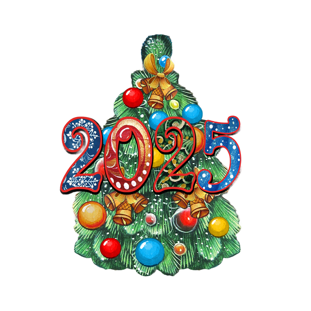 A Christmas tree decorated with colorful ornaments, bells, and a large number 