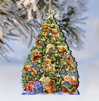 A Christmas tree ornament featuring a variety of teddy bears in different poses and colors, set against a snowy background.