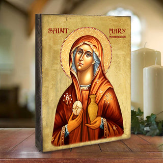 a religious icon of Saint Mary of the Flower, with the text 