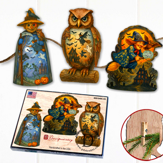 a collection of Halloween-themed owl decorations, including a carved owl figure, a carved owl on a stick, and a carved owl on a branch. The decorations are displayed against a white background, and there is a small piece of paper with additional information about the decorations.