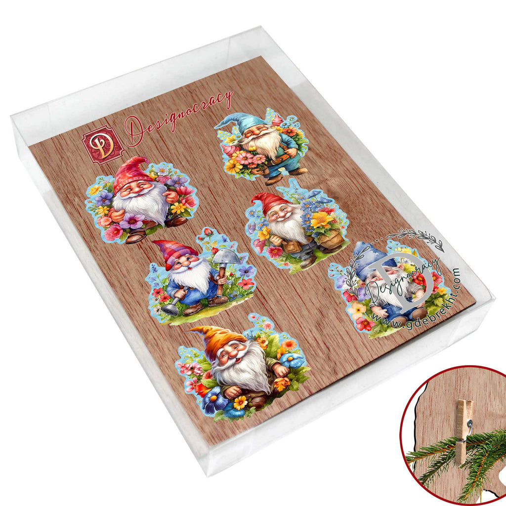 Garden Gnomes Clip-On Eco Wood Decorative Ornaments Set of 6 by G. Debrekht - Christmas Decor - 8090030C-S6