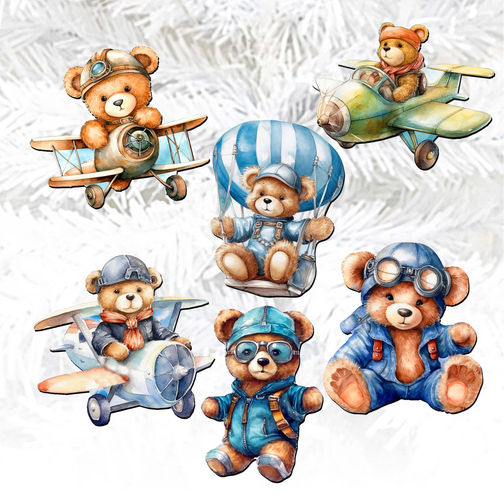 Aviator Teddy Bear Clip-On Eco Wood Decorative Ornaments Set of 6 by G. Debrekht - Christmas Decor - 8090010C-S6