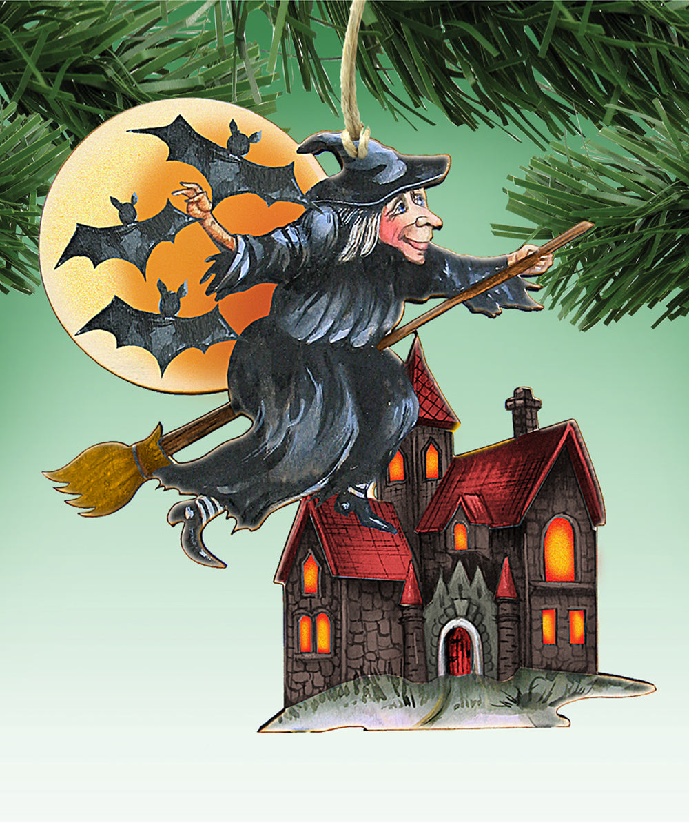 A witch on a broomstick flying over a house with bats on a full moon.