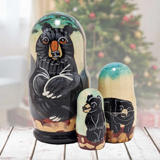 Black Bear Matreshka Nesting Hand-Painted Doll Set of 3 by G. DeBrekht - Wildlife Holiday Decor - 14767