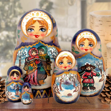 Winter Play Matreshka Nesting Hand-Painted Dolls Set of 5 by G. DeBrekht - Christmas Decor - 140075