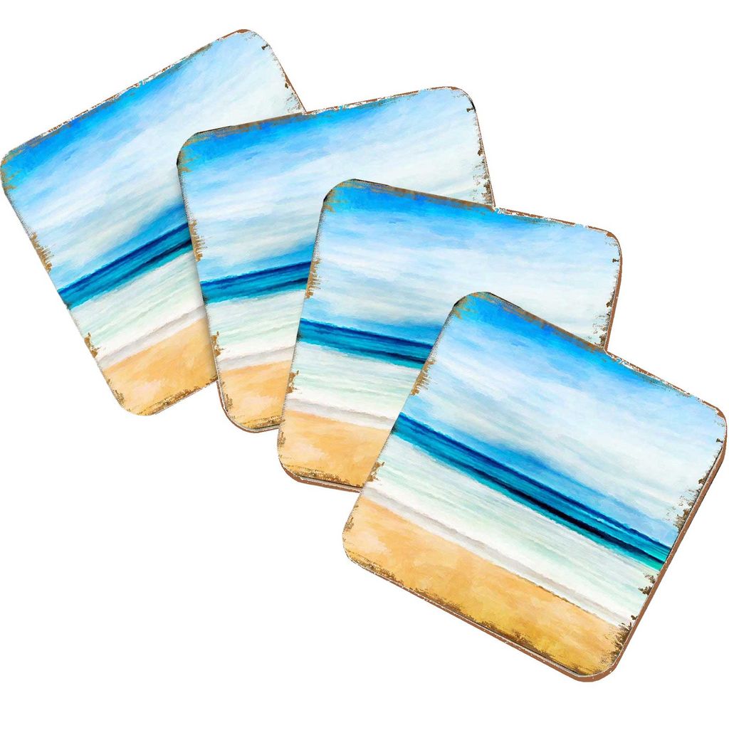 four square coasters with a beach scene painted on them.