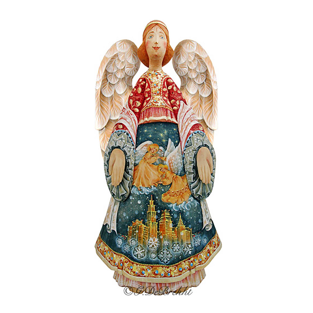 A colorful and detailed angel figurine with wings and a flowing dress, set against a snowy landscape with buildings and snowflakes.