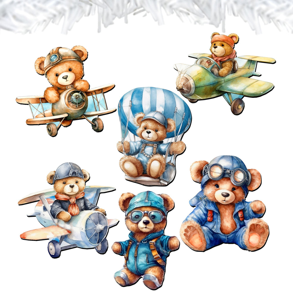Aviator Teddy Bear Clip-On Eco Wood Decorative Ornaments Set of 6 by G. Debrekht - Christmas Decor - 8090010C-S6
