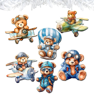 Aviator Teddy Bear Clip-On Eco Wood Decorative Ornaments Set of 6 by G. Debrekht - Christmas Decor - 8090010C-S6
