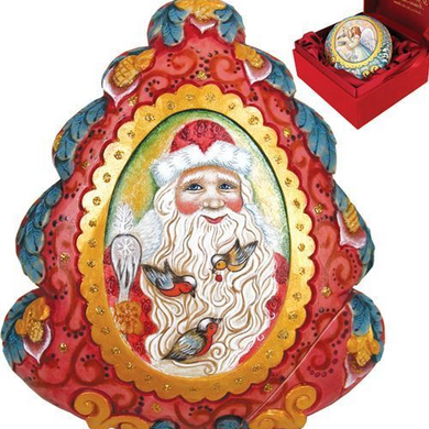 a decorative piece with a Santa Claus face and birds, set against a red background with gold accents.