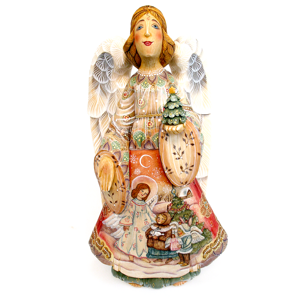 A figurine of an angel holding a Christmas tree and a crescent moon, with intricate details and vibrant colors.