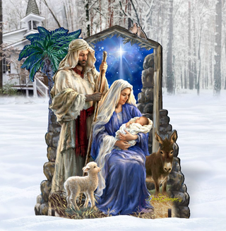 A 3D rendering of the traditional nativity scene depicting the Holy Family of Jesus, Mary, and Joseph, with a baby Jesus, surrounded by animals such as sheep and a donkey, set against a snowy landscape with a church in the background.