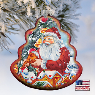 A Christmas ornament shaped like a tree with a Santa Claus figure holding a gingerbread man, set against a snowy background.