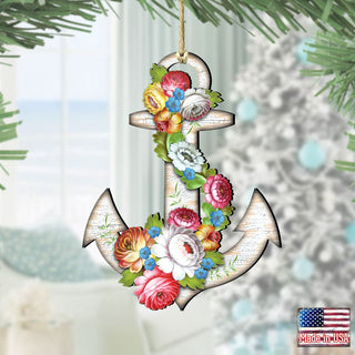 Floral Anchor Wooden Ornaments by G. DeBrekht - Coastal Holiday Decor - 8198521-4