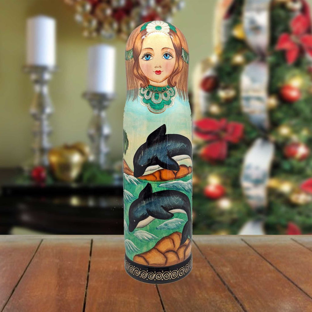 Dolphins Hand-Painted Wooden Bottle Holder, Wine Box, Tall Gift Box by G. DeBrekht - Coastal Holiday Decor - 190813