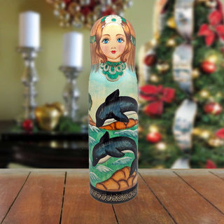 Dolphins Hand-Painted Wooden Bottle Holder, Wine Box, Tall Gift Box by G. DeBrekht - Coastal Holiday Decor - 190813