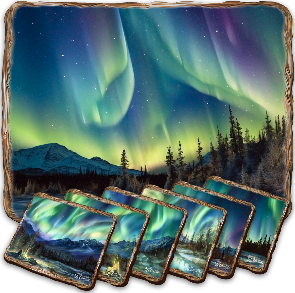 The image is a collage of six pictures depicting the stunning northern lights, also known as the aurora borealis, in various stages of display. The pictures showcase the vibrant green, blue, and purple hues of the aurora borealis against the backdrop of a snowy mountain landscape and a forested area.