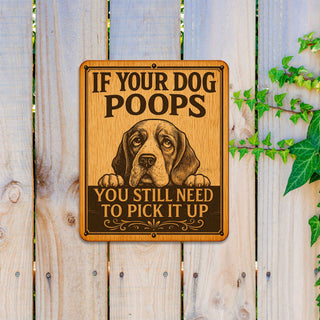 a wooden sign with a dog's face and text, mounted on a wooden fence.