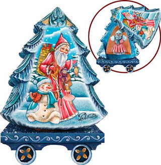 A decorative Christmas tree-shaped object with a painted scene depicting Santa Claus, a snowman, and a reindeer.