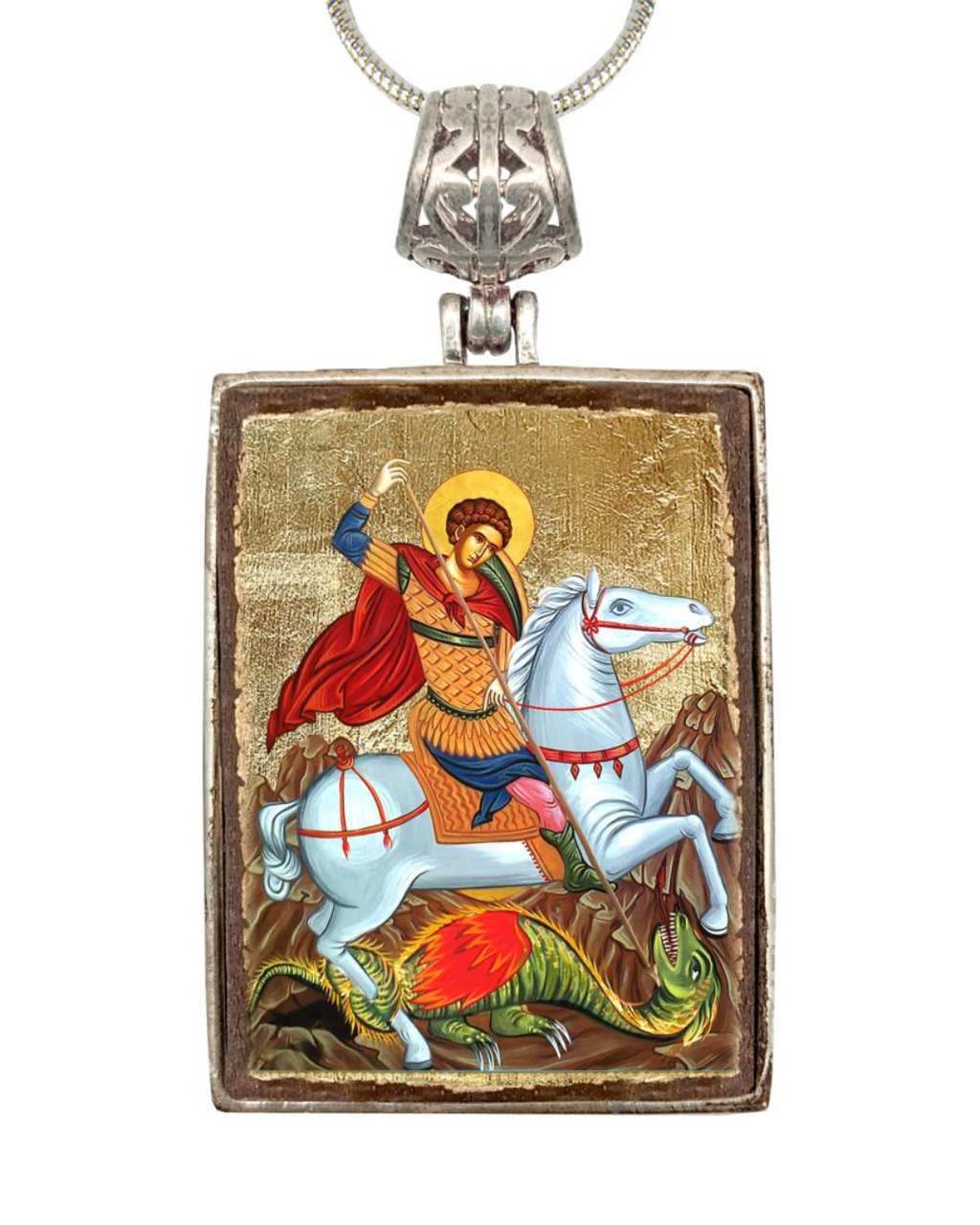 a pendant with a religious icon of a saint riding a horse, accompanied by a dragon.