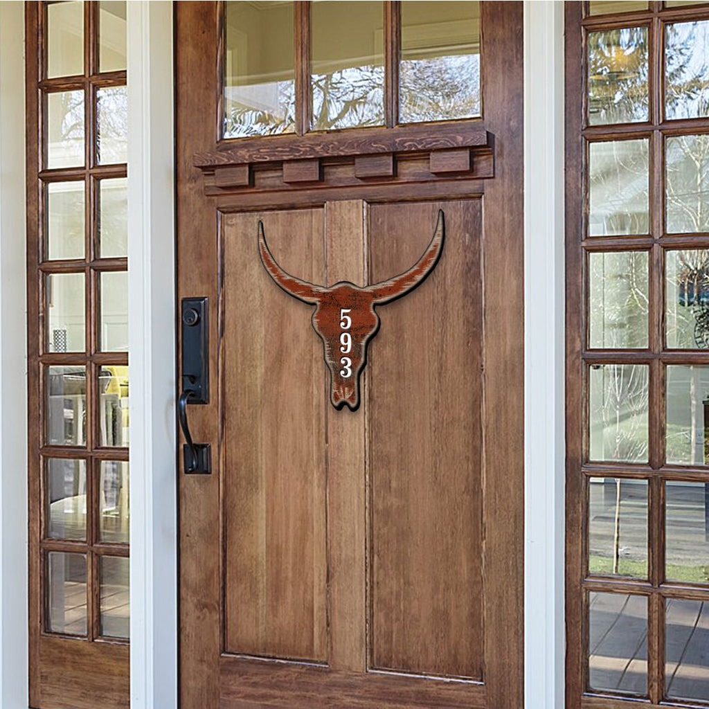 Cow Bison Buffalo Skull Personalized House Number Sign by G. Odebrecht - Nature Wildlife Decor - Handcrafted Wooden Address Sign - MA98235
