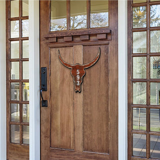 Cow Bison Buffalo Skull Personalized House Number Sign by G. Odebrecht - Nature Wildlife Decor - Handcrafted Wooden Address Sign - MA98235