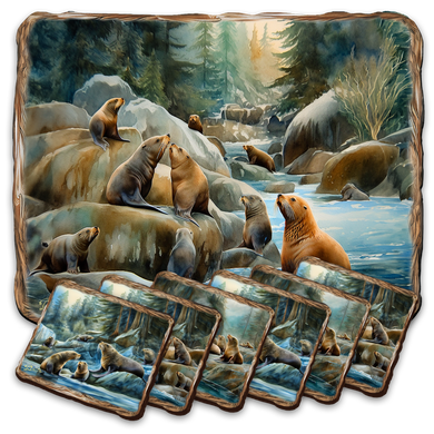 Sea Lion Cave Wooden Cork Placemat and Coasters Gift Set of 7 by Nature Wonders Nature Wildlife Decor  - 85413C-S7