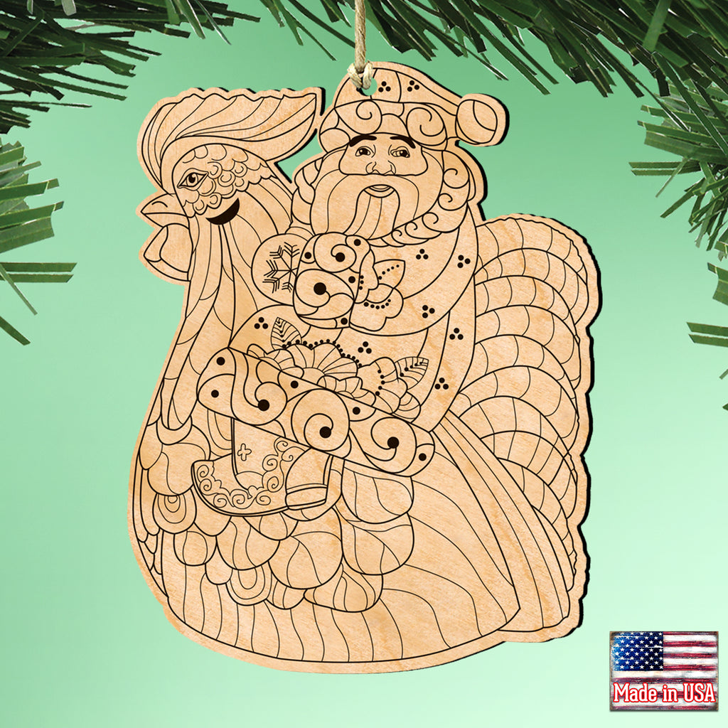 A wooden ornament depicting a rooster riding a man, with intricate designs and patterns.
