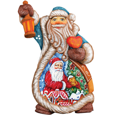 A colorful, hand-painted Christmas ornament depicting Santa Claus holding a lantern and a heart.