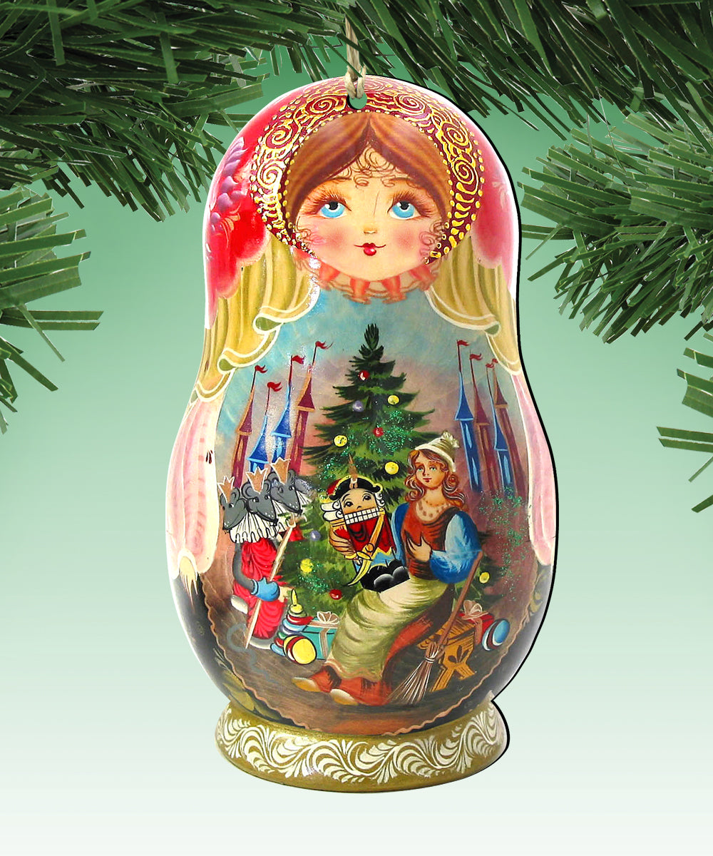A colorful and intricately painted Russian nesting doll ornament, featuring a woman with a red headband and a castle in the background.