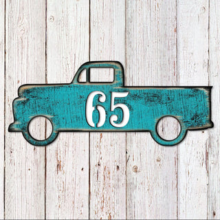 Pick Up Truck Wooden Personalized House Number Sign by G. Odebrecht - Love Family Kids Decor - Handcrafted Wooden Handcrafted Wooden Address Sign - MA98542