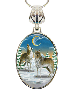 A silver pendant necklace with a circular design featuring two wolves in a snowy landscape under a crescent moon.