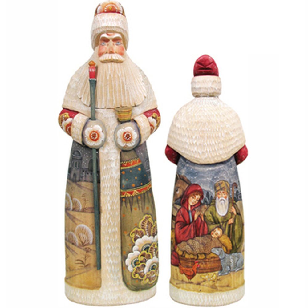 two figurines, one of Santa Claus and the other of the baby Jesus, both wearing traditional Christmas attire.