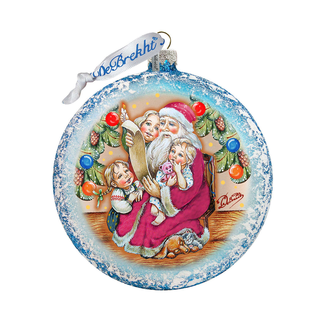 Santa List Circle Glass Ornament by G. DeBrekht - Christmas Santa Snowman Decor - 744-011