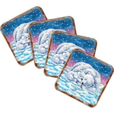 A set of four square coasters featuring a polar bear resting on a snowy landscape against a starry night sky background.
