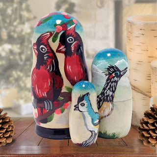 Cardinal Matreshka Nesting Hand-Painted Doll Set of 3 by G. DeBrekht - Wildlife Holiday Decor - 14761