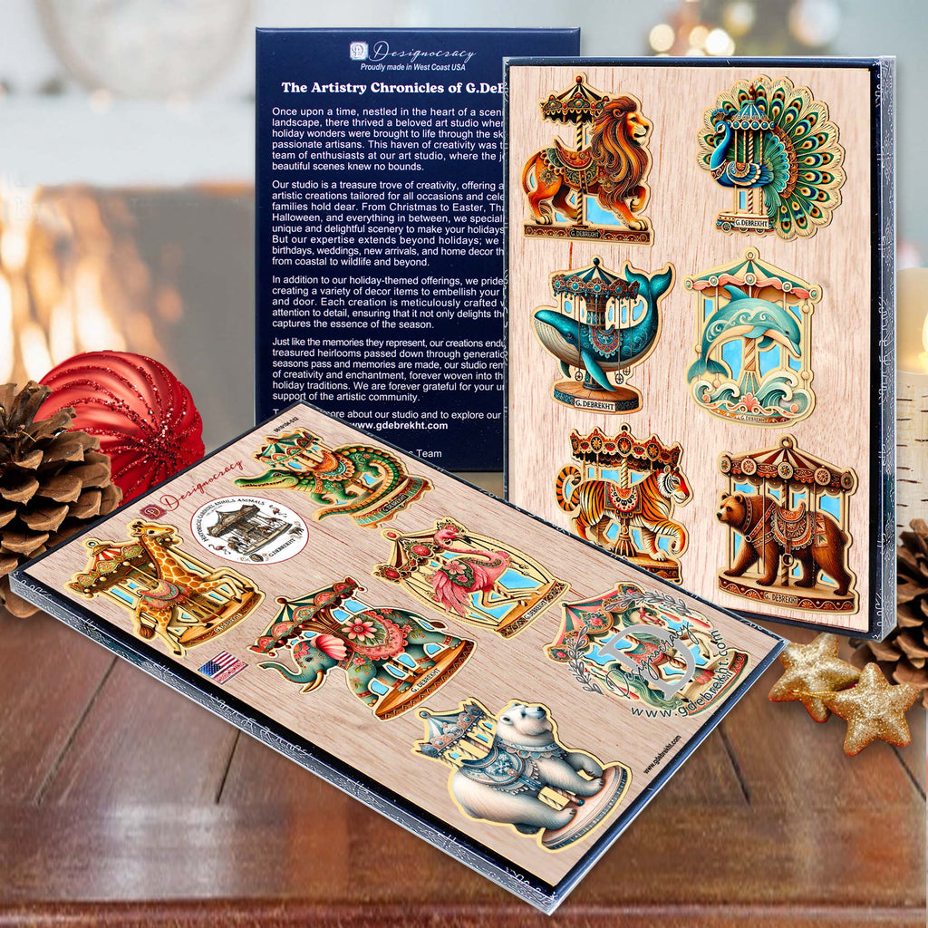 a collection of colorful and whimsical carousel-themed stickers displayed on a wooden surface, with a blurred background that includes pine cones and ornaments.