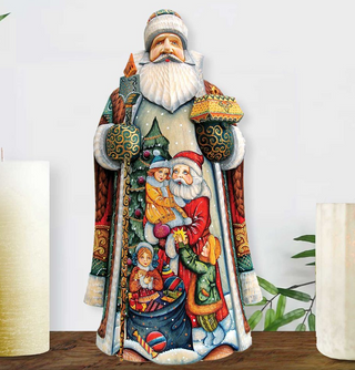 A colorful and detailed wooden sculpture of Santa Claus, with intricate designs and decorations, is displayed on a wooden surface.